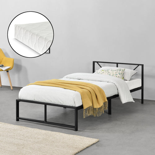 Letto in Metallo con Materasso a Schiuma Fredda 90/140/180x200 cm Letto Matrimoniale/Francese/Singolo con Testiera Decorativa Letto in Stile Classico/Moderno - Nero