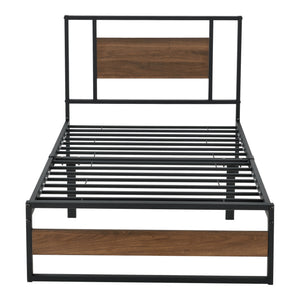 Letto in Acciaio con Materasso a Schiuma Fredda 200x140/180/90 cm Letto in Stile Moderno con Elementi Decorativi in Effetto Legno di Color Noce  - Struttura Nera