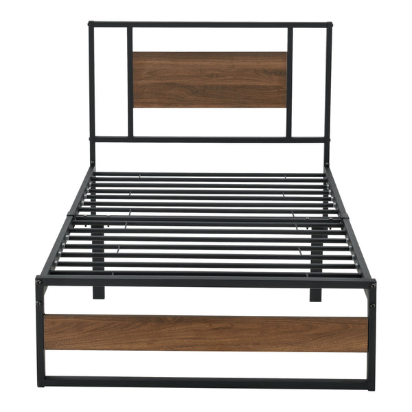 Letto in Acciaio con Materasso a Schiuma Fredda 200x140/180/90 cm Letto in Stile Moderno con Elementi Decorativi in Effetto Legno di Color Noce  - Struttura Nera