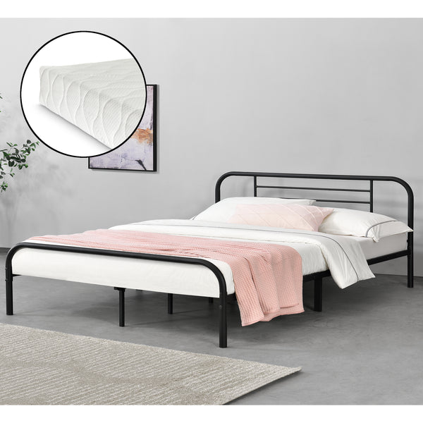 Letto in Metallo con Materasso a Schiuma Fredda 90/140/180 x 200 cm Letto con Testiera e Pediera Letto Singolo/Francese/Matrimoniale - Nero