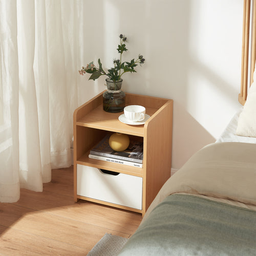 Comodino Bordkak con Cassetto e Scomparto Aperto 45 x 36 x 34 cm - Effetto Rovere / Bianco [en.casa]