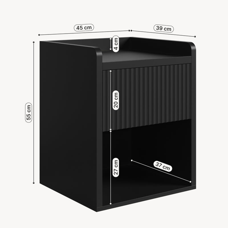 Schizzo in scala Comodino Nand con Cassetto e Vano Aperto 55x49x39 [en.casa] 