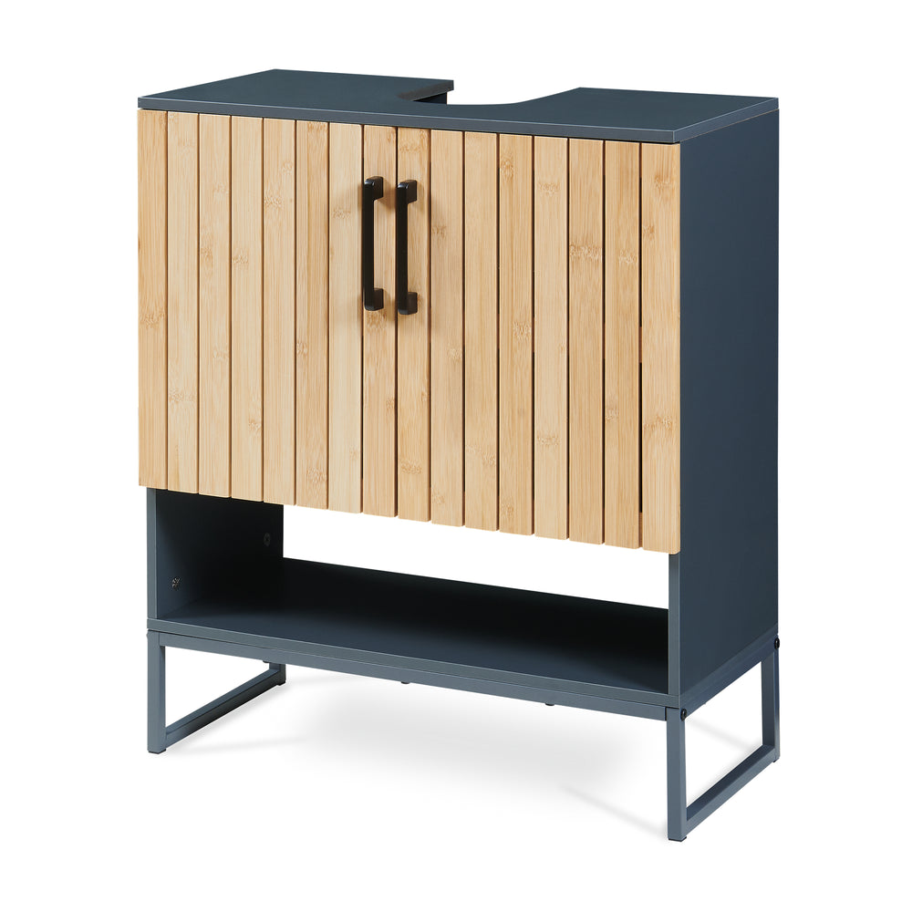 Mobile Sottolavabo Svanes a 2 Ante in Bambù e Scomparti 70 x 60 x 30 cm - Grigio Scuro/Naturale [en.casa]