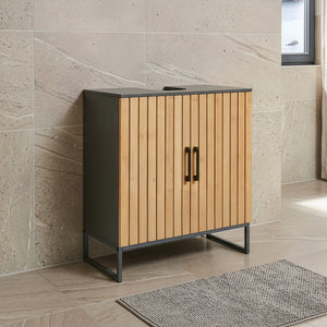 Mobile Sottolavabo Svanes a 2 Ante in Bambù e Scomparti 70 x 60 x 30 cm - Grigio Scuro/Naturale [en.casa]