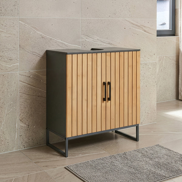 Mobile Sottolavabo Svanes a 2 Ante in Bambù e Scomparti 70 x 60 x 30 cm - Grigio Scuro/Naturale [en.casa]