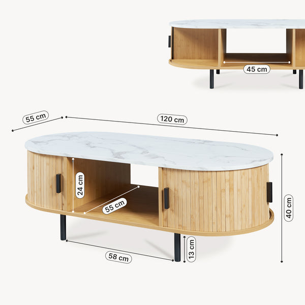 Tavolino Tvedestrand da Salotto con 2 Ante Scorrevoli in Bambù 120 x 55 x 40 cm [en.casa]