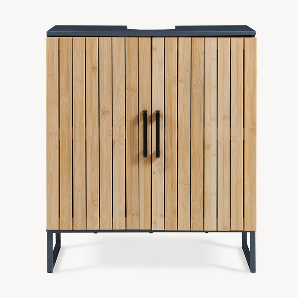 Mobile Sottolavabo Svanes a 2 Ante in Bambù e Scomparti 70 x 60 x 30 cm - Grigio Scuro/Naturale [en.casa]