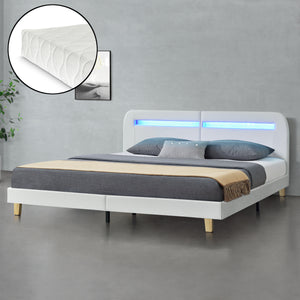 Letto Matrimoniale King Size / Francese con Illuminazione a LED + Materasso a Schiuma Fredda 140/180 x 200 cm Testata Alta Arrotondata, Rivestimento in Tessuto/Similpelle - Vari Colori