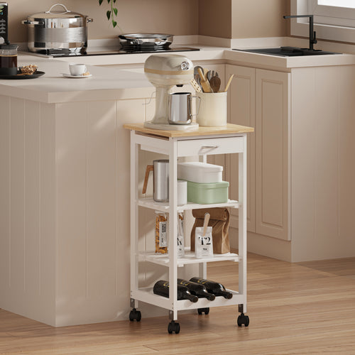 Carrello Portaoggetti Biel con Cassetto 3 Ripiani e Griglia Portabottiglie 76x37x37 cm [en.casa] 