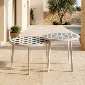 Tavolo da esterno Faeto 2 pz. Piano in vetro Champagne [casa.pro]