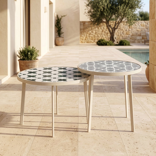 Tavolo da esterno Faeto 2 pz. Piano in vetro Champagne [casa.pro]
