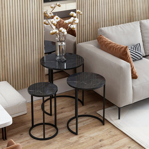 Set di tavolini Frederiksværk 3 pezzi effetto marmo nero [en.casa] - premiumXL