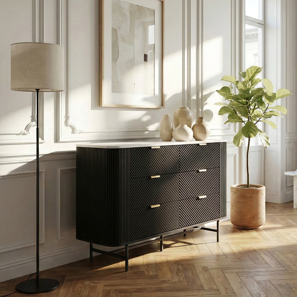 Comò a 6 Cassetti Olvehok Cassettiera 120 x 40 x 81 cm - Nero/Effetto Marmo Bianco [en.casa]