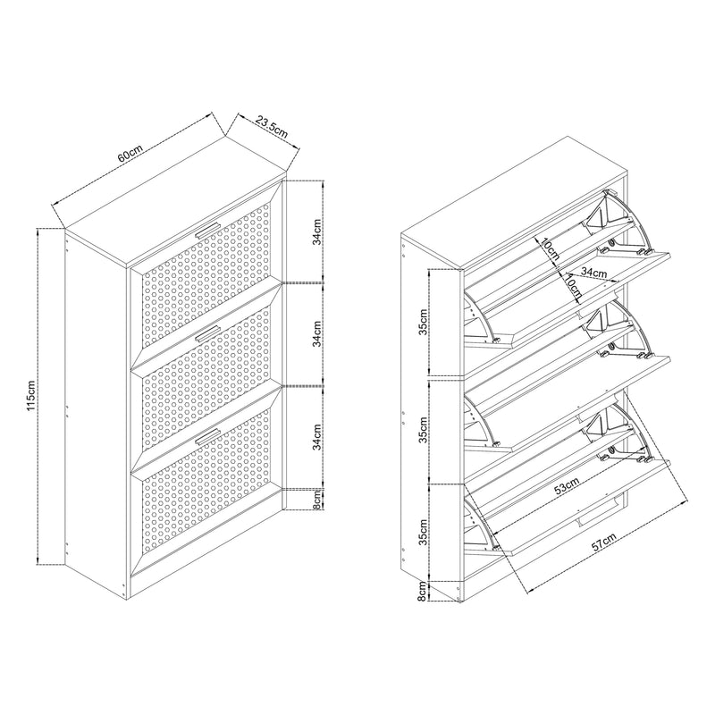 Schizzo in scala Scarpiera Vesilahti a Contenitori Ribaltabili - Effetto Rattan / Bianco [en.casa]