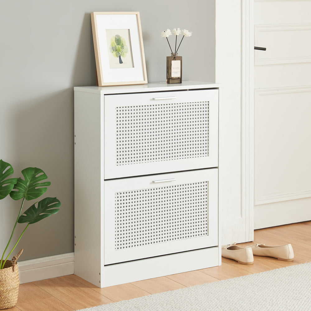 Scarpiera Vesilahti a Contenitori Ribaltabili - Effetto Rattan / Bianco [en.casa]