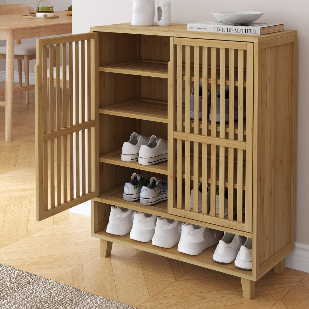 Scarpiera Sirgerg a 2 Ante e Vano Aperto Mobile Contenitore in Bambù Naturale 91 x 72 x 35 cm [en.casa]