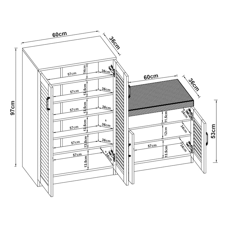 Schizzo in scala Set Løten di Armadio Scarpiera e Panca 97 x 120 x 36 cm Wengè [en.casa] 