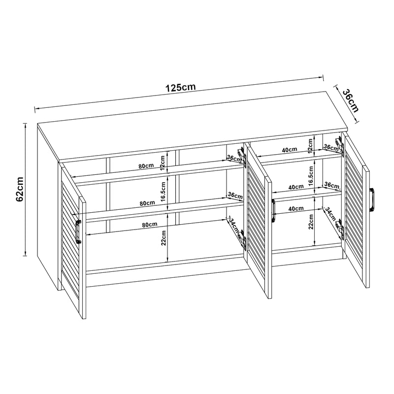 Schizzo in scala Armadio Scarpiera Løten con Ante a Persiana 62 x 125 x 36 cm Bianco [en.casa] 