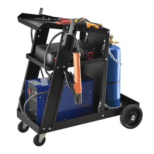 Carrello per saldatura per dispositivi di saldatura con 3 scomparti portaoggetti e contenitore per bombole di gas pro.tec