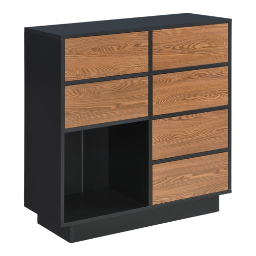 Mobile per Soggiorno/Ingresso/Ufficio con 6 Armadietti e 1 Scomparto Aperto, Comò 88x80x30cm (AxLaxP) Mobile a Terra con Ante Apertura a Pressione Push-to-Open - Nero/Effetto Legno