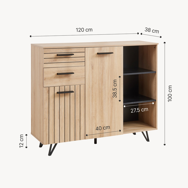 Schizzo in scala Credenza Noppen con Cassetti e Ante Mobile Contenitore - Effetto Rovere - Varie Misure [en.casa]