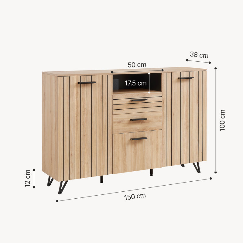 Schizzo in scala Credenza Noppen con Cassetti e Ante Mobile Contenitore - Effetto Rovere - Varie Misure [en.casa]