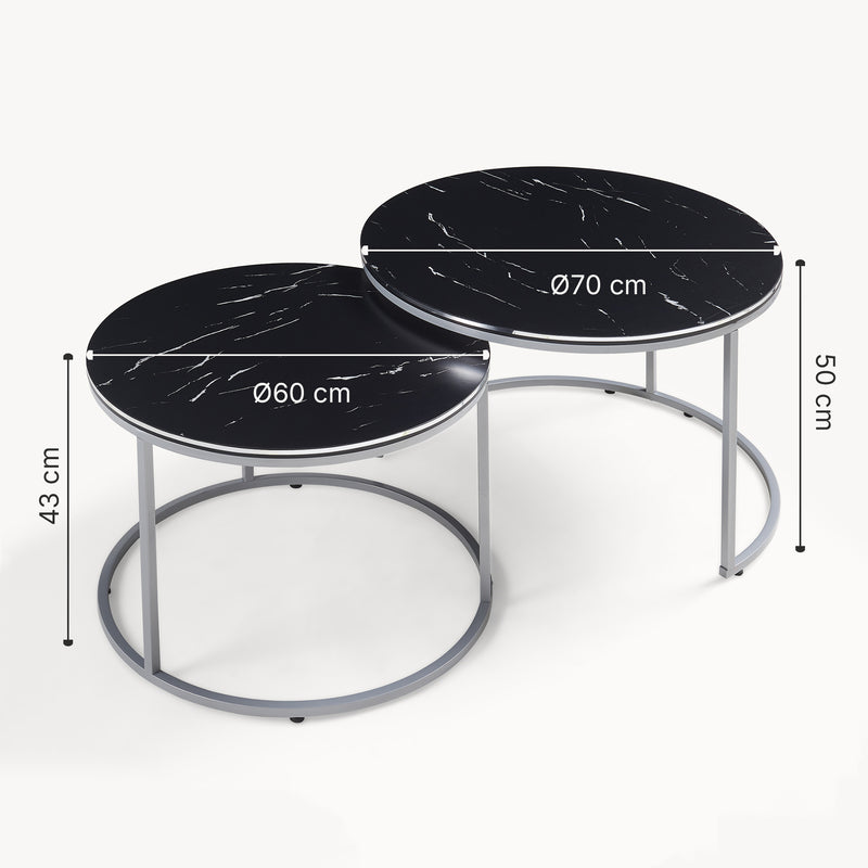 Schizzo in scala Set Skagen 2 Tavolini Sovrapponibili con Piani Rotondi e Telaio in Metallo [en.casa]
