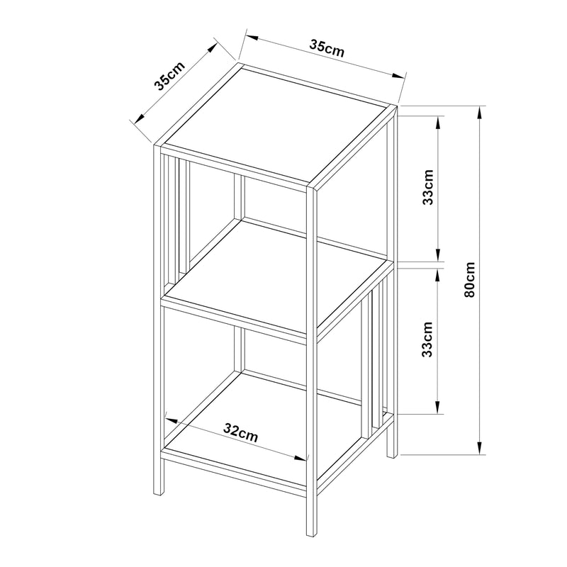 Schizzo in scala Scaffale Basso Kumlinge in Acciaio a 3 Ripiani Quadrati 80 x 35 x 35 cm - Vari Colori [en.casa] 