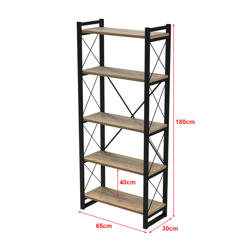 Schizzo in scala Scaffale a Terra ''Skørping Libreria con 3/4/5 Ripiani Mobile Espositore con Telaio in Metallo - Nero / color Legno [en.casa]