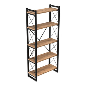 Scaffale a Terra ''Skørping Libreria con 3/4/5 Ripiani Mobile Espositore con Telaio in Metallo - Nero / color Legno [en.casa]
