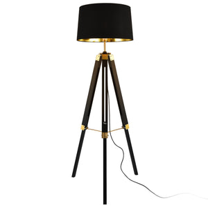 Lampada da Terra in Stile Treppiedi Alta 145 cm Piantana Tripode con Paralume Conico in Tessuto - Nero / Ottone - lux.pro
