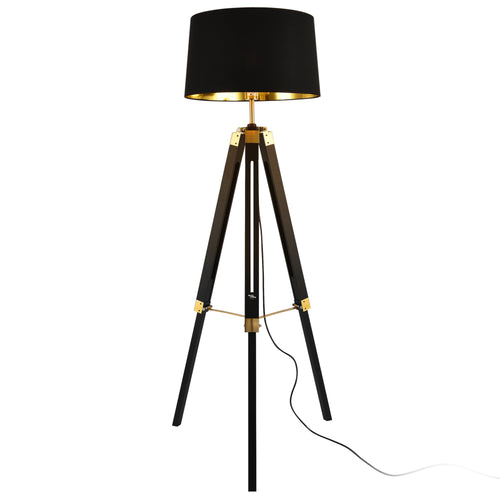 Lampada da Terra in Stile Treppiedi Alta 145 cm Piantana Tripode con Paralume Conico in Tessuto - Nero / Ottone - lux.pro
