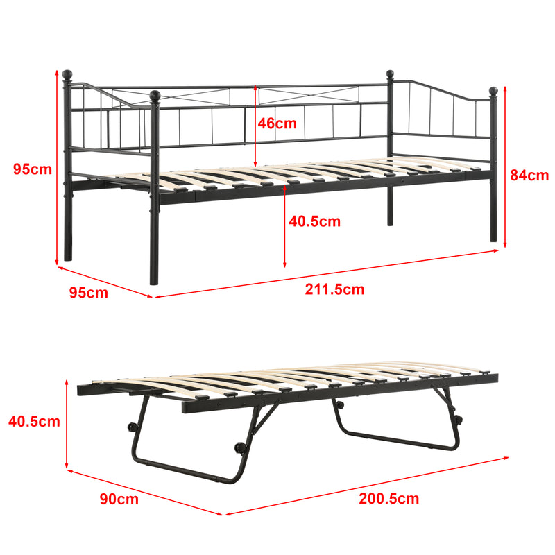 Schizzo in scala Divano in Metallo con Cornice Decorativa + Letto di Complemento con Gambe Pieghevoli e 4 Ruote, Sofa a 2-3 Posti di Seduta e Secondo Letto Salvaspazio + 2 Materassi 200x90 cm - Vari Colori