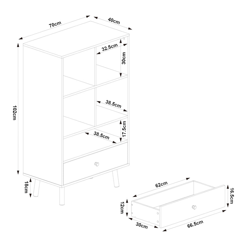 Schizzo in scala Libreria Reyljand Scaffale con Cassetto 120x70x40 cm - Vari Colori [en.casa]