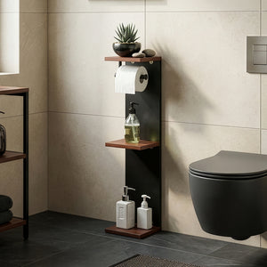 Mobile Porta Carta Igienica Trond Supporto Portarotolo 76 x 18 x 18 cm - Nero/Effetto Noce [en.casa]