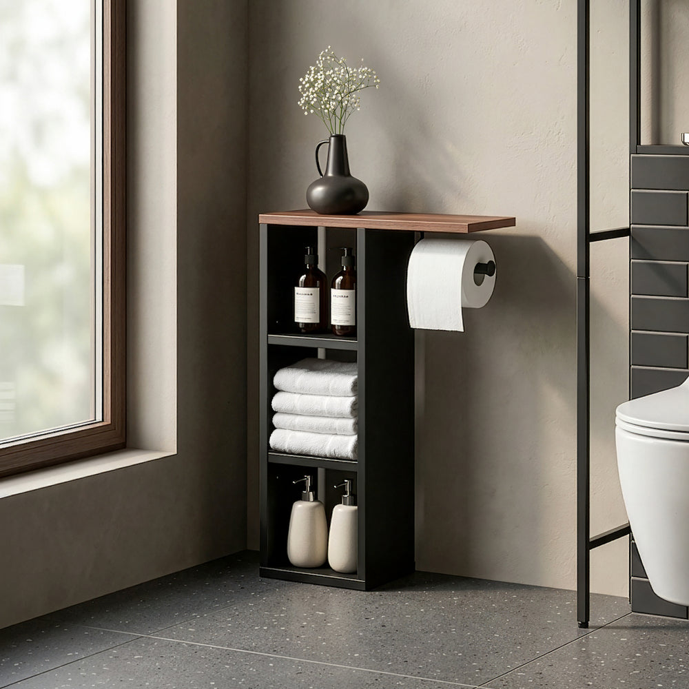 Mobile Portarotolo Trond Supporto Porta Carta Igienica 60 x 40 x 16 cm - Nero/Effetto Noce [en.casa]
