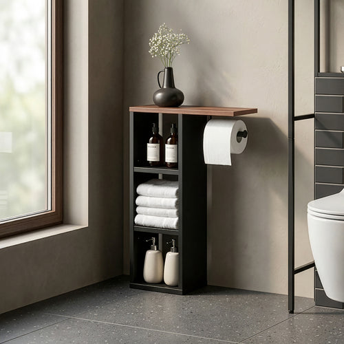 Porta rotolo di carta igienica Trond 60x40x16 cm Nero/effetto noce [en.casa]