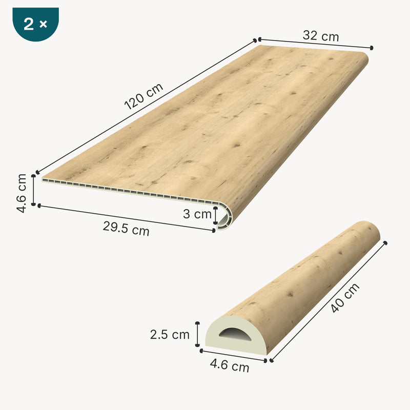 Schizzo in scala Set di Profili Bunschoten Coprigradini Arrotondati in PVC 120 x 32 x 4,6 cm NEU.HOLZ