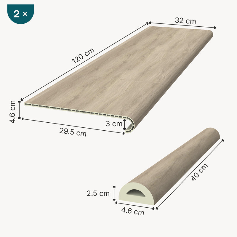 Schizzo in scala Set di Profili Bunschoten Coprigradini Arrotondati in PVC 120 x 32 x 4,6 cm NEU.HOLZ
