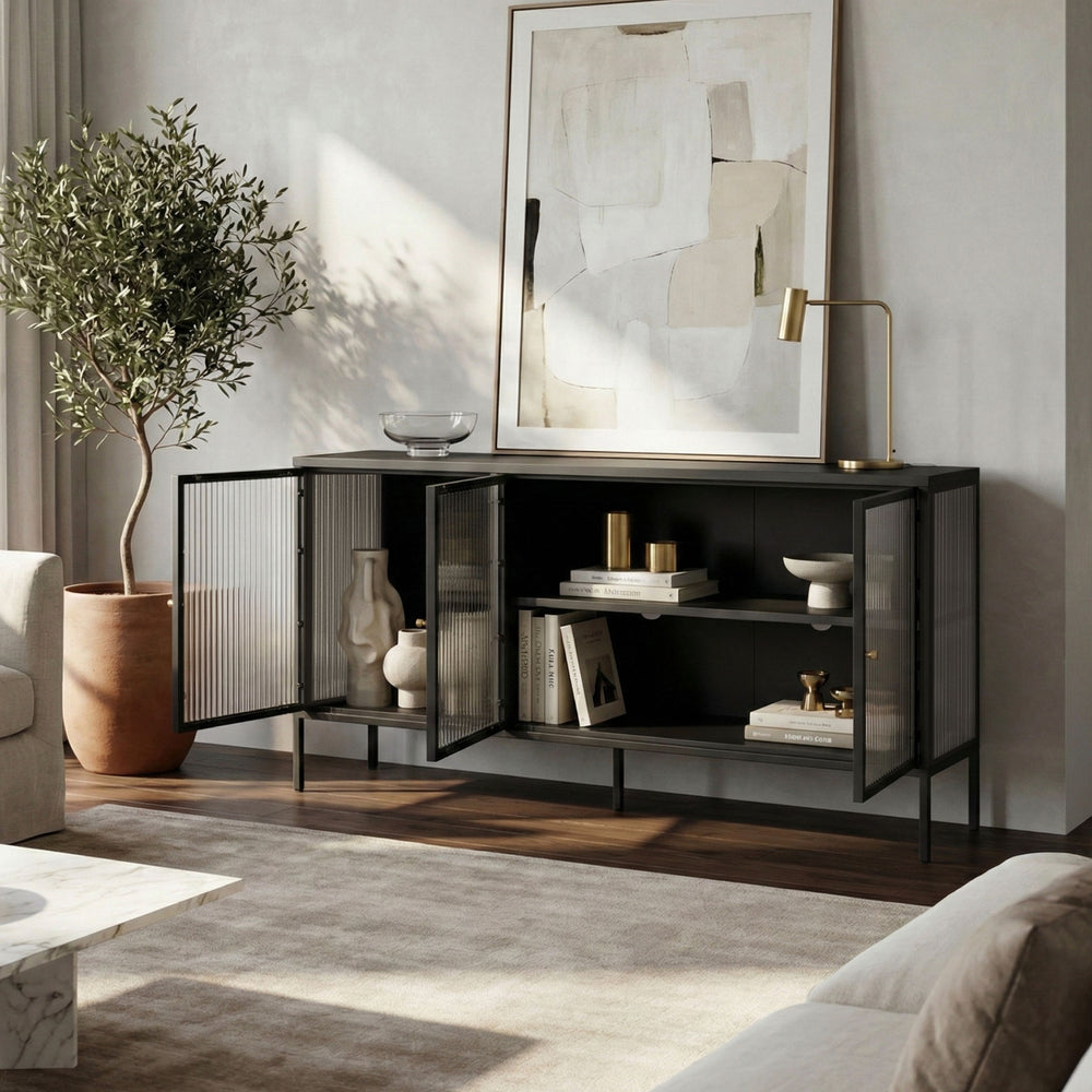 Credenza Vinterhavn in Acciaio con Ante in Vetro Scanalato [en.casa] 