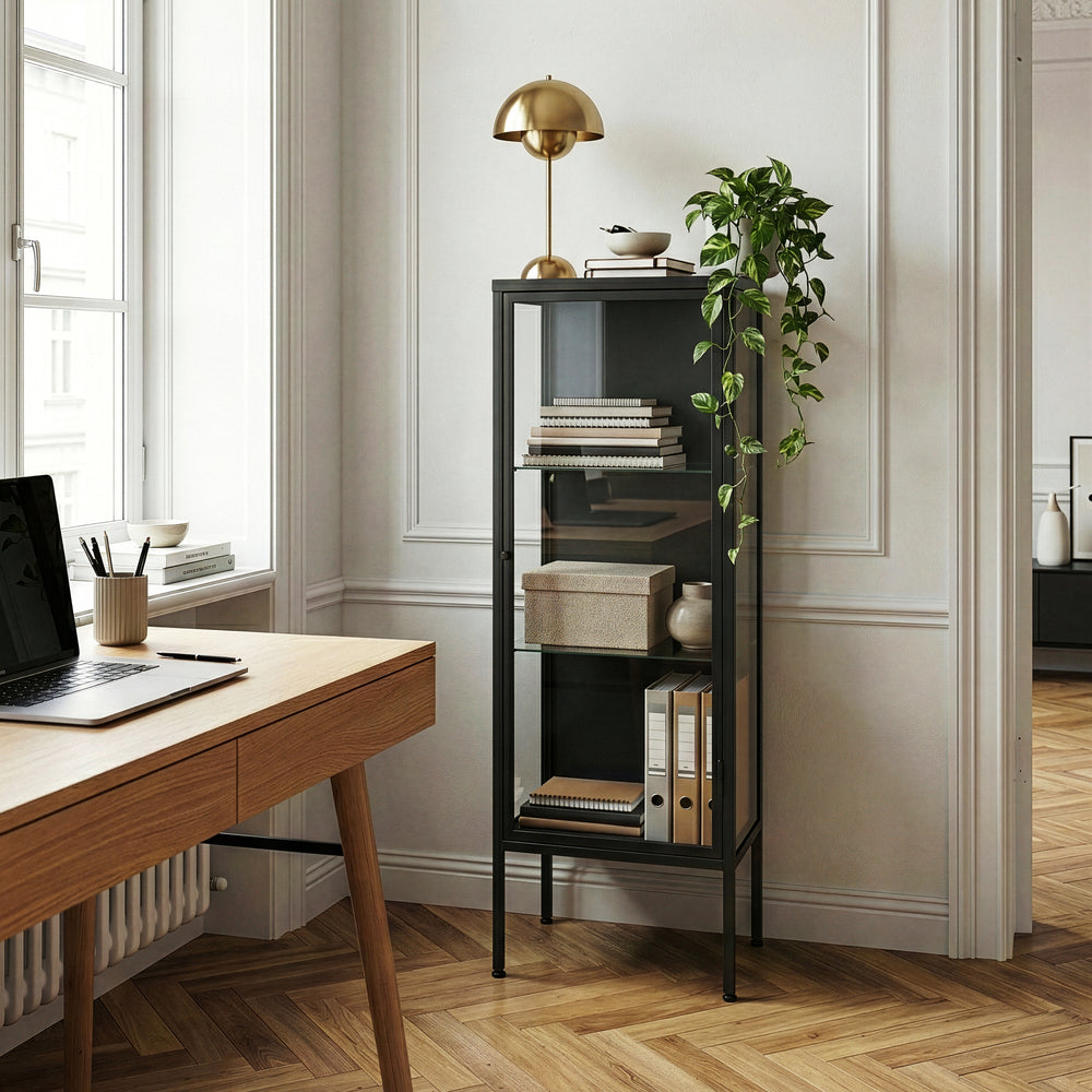 Armadio a Vetrina Borshavisa in Acciaio e Vetro Trasparente 116x34x30 cm Nero [en.casa] 