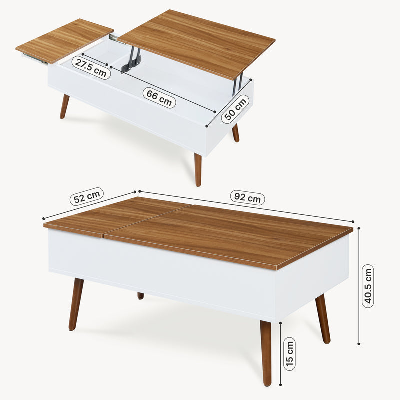 Schizzo in scala Tavolino da Salotto Flesen con Piano Sollevabile e Scomparti 92 x 52 x 41 cm [en.casa]