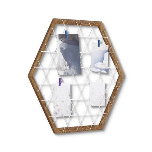 Griglia da Parete Bacheca Multifunzione con Cornice in Legno e Rete di Fili Appendi Foto Memoboard Esagonale Espositore Decorativo - Vari Colori [en.casa]