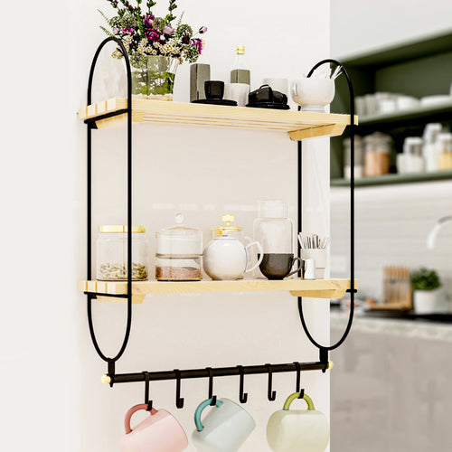 Wandregal Pielavesi mit 6 Haken Schwarz/Natur [en.casa] - premiumXL