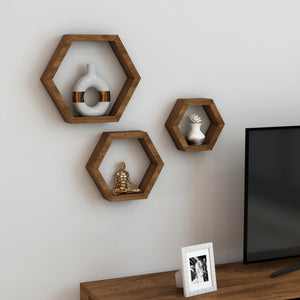 Set 'Stubbekøbing' di 3 Mensole da Muro in Misure Diverse Mensole in Legno di Pino Forma Esagonale - Legno Scuro [en.casa] 