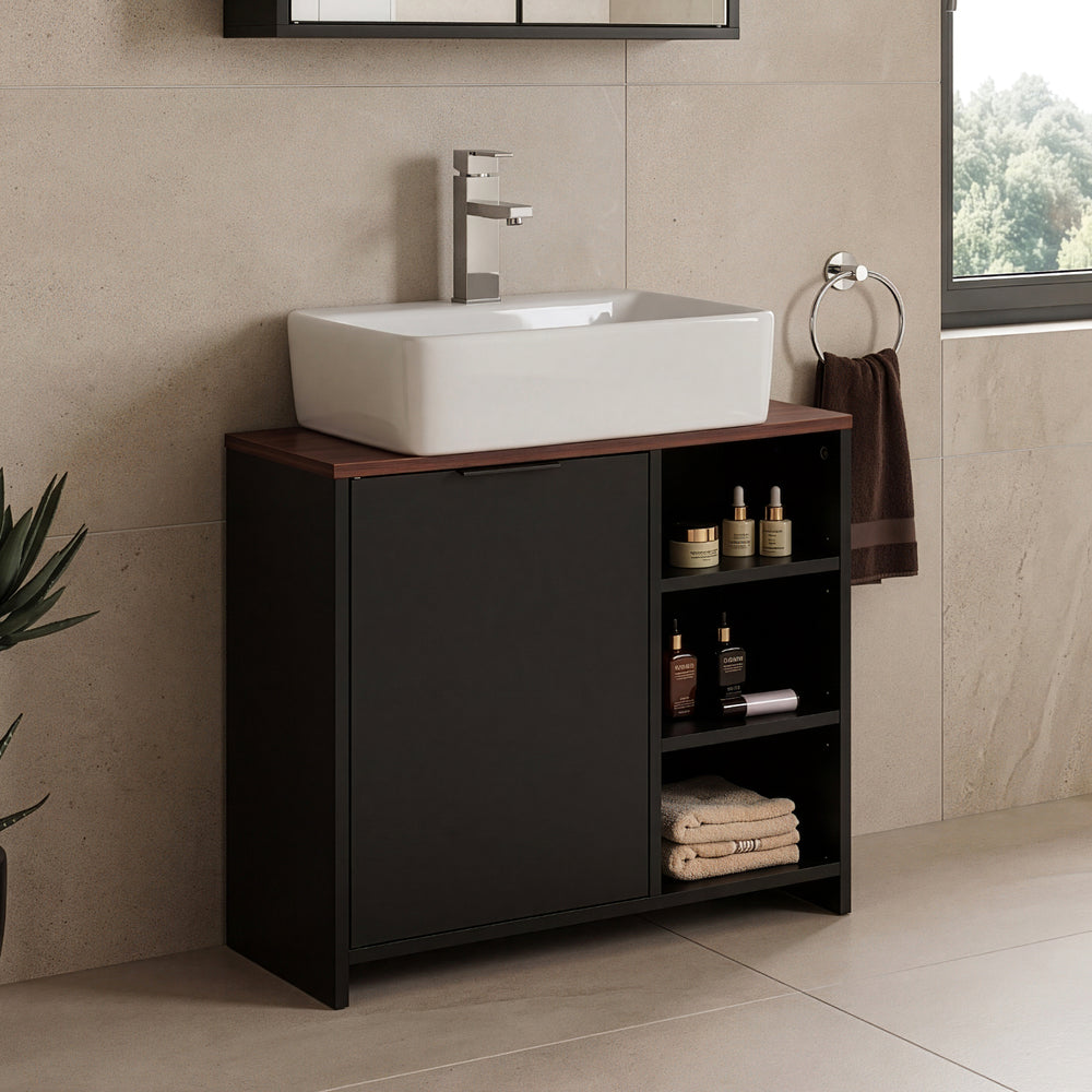 Mobile Sottolavabo Trond con Anta e 3 Vani Aperti 60 x 66 x 30 cm - Nero / Effetto Noce [en.casa]