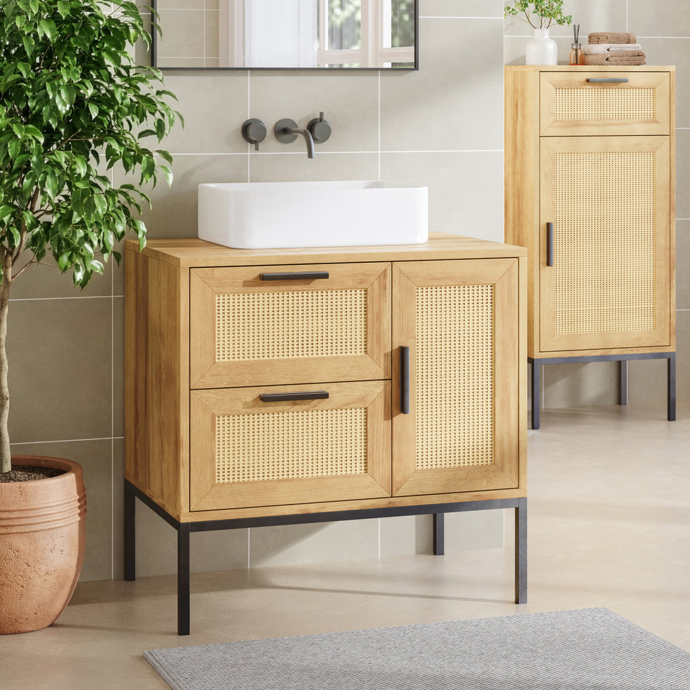 Mobile Sottolavabo Marhasa con Cassetto e 2 Scomparti 60 x 60 x 40 cm - Effetto Rovere/Rattan/Nero [en.casa]