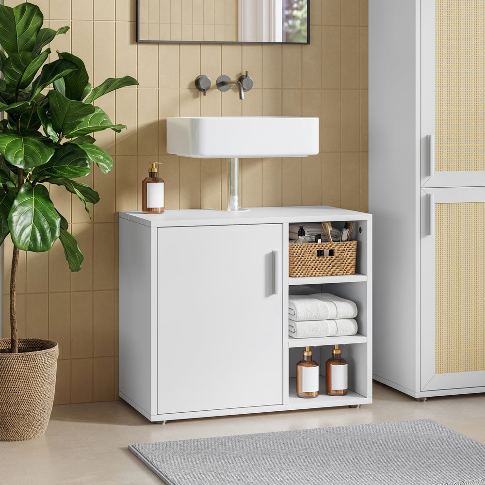 Mobile Sottolavabo Kulaik da Bagno ad Anta e 3 Scomparti Aperti 51 x 60 x 32 cm - Bianco [en.casa] 