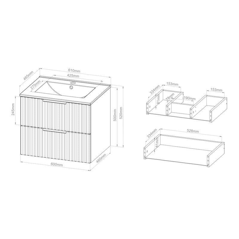 Schizzo in scala Mobile Sottolavabo Veppenssan con Lavabo e 2 Cassetti - Effetto Rovere - Varie Misure [en.casa]