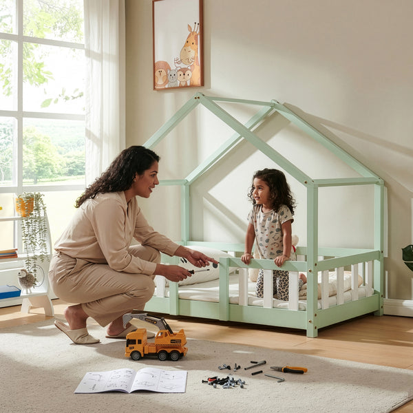 Letto per Cameretta Treviolo a Forma di Casetta in Stile Montessori con Materasso [en.casa]